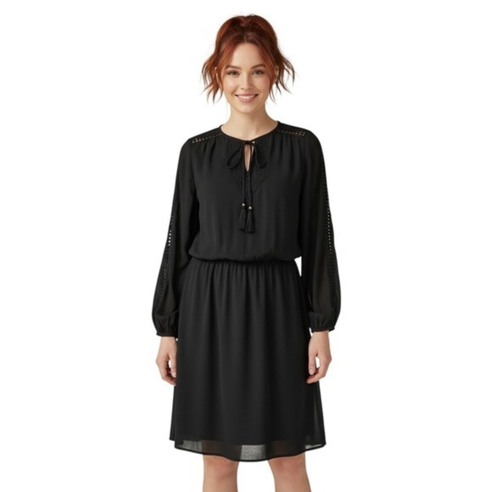White House Black Market Black Long Sleeve Crochet Trim Tassel Tie Dress Size 10